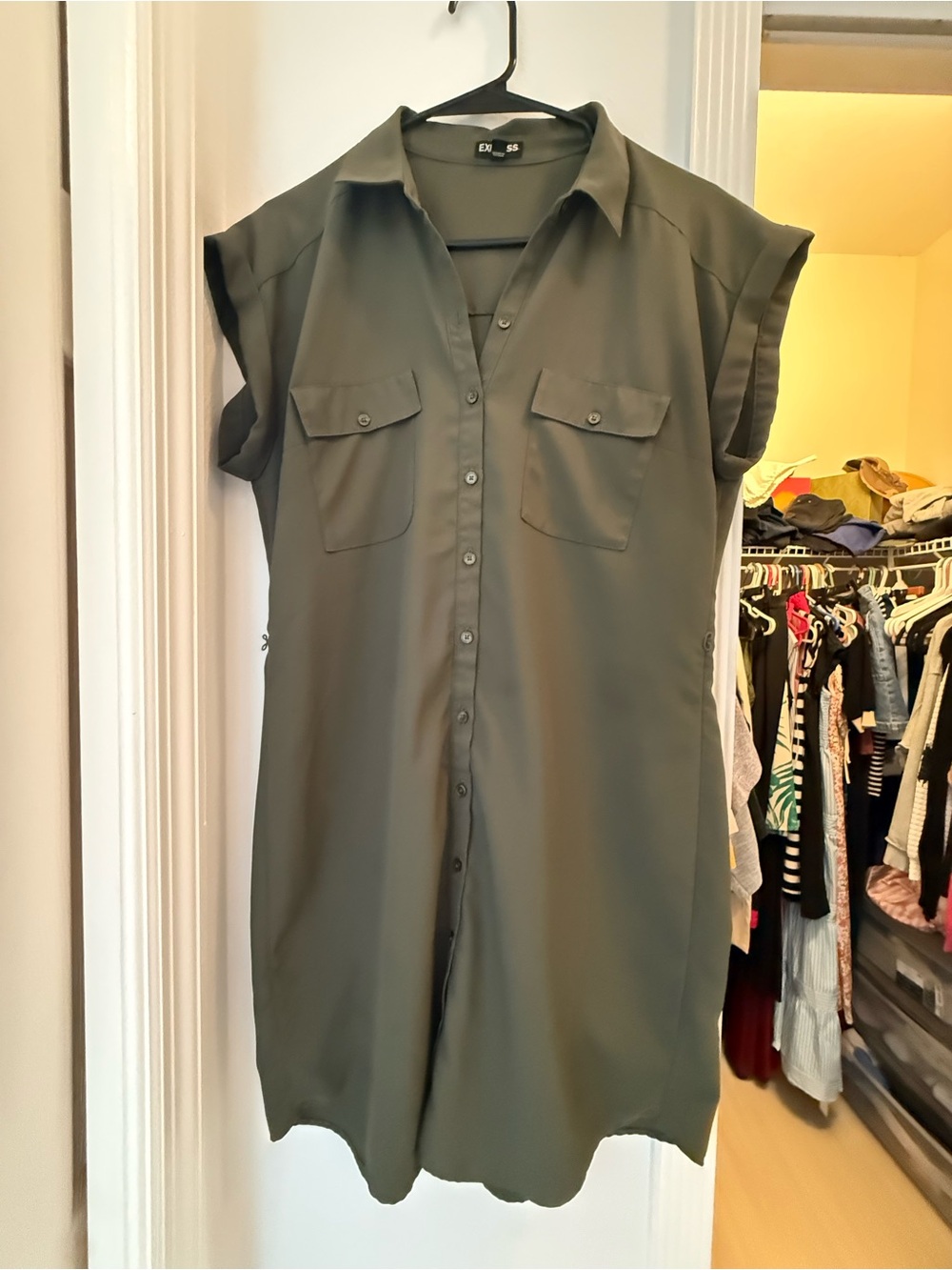 Express Olive Green Button-Front Midi Shirt Dress